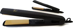 Black and gold hair straightener with attachments on a white background